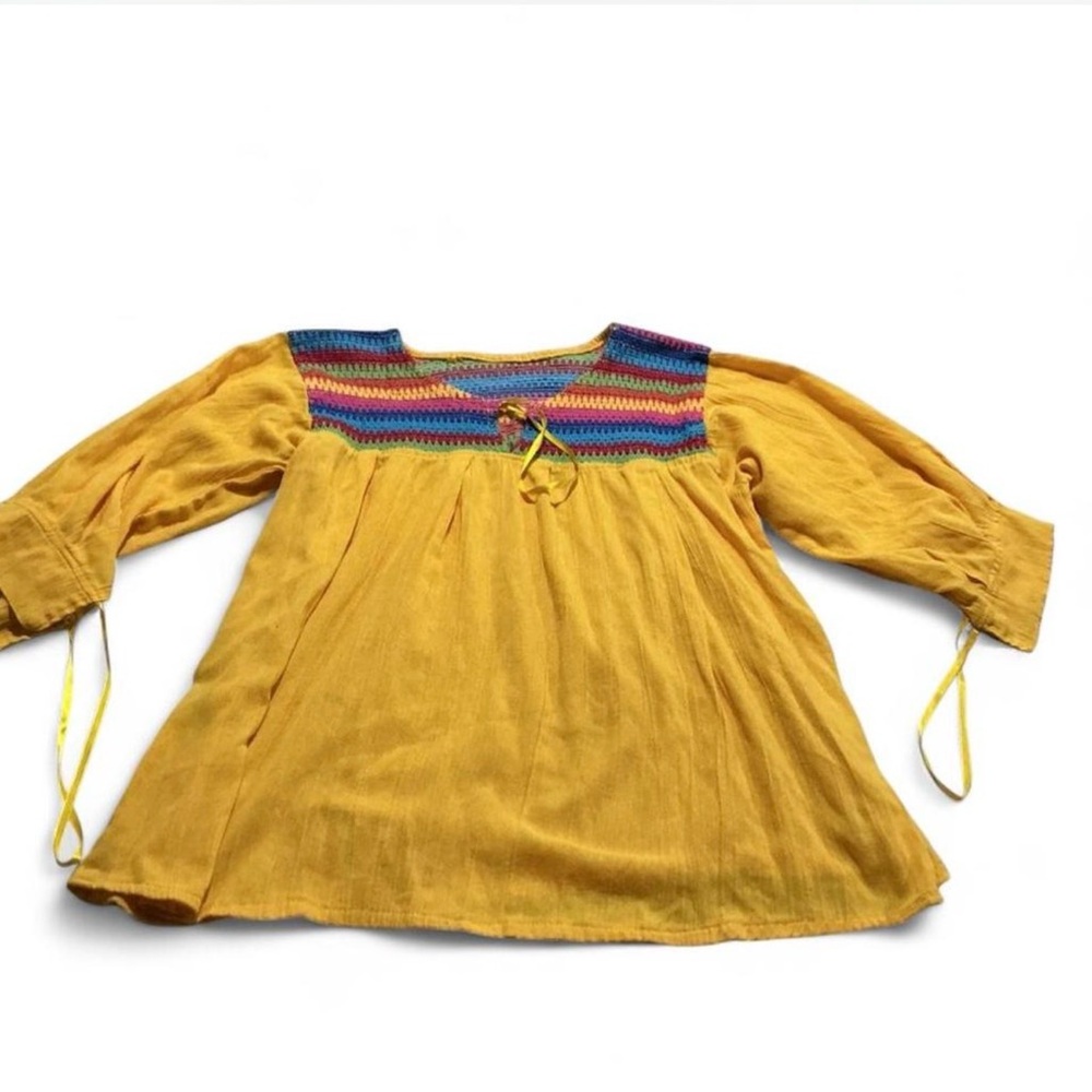 Yellow Peasant Blouse Multicolor Knitted Yoke Quarter Sleeves Boho Lightweight